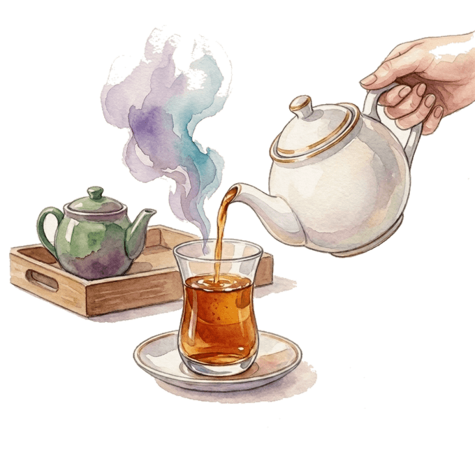 A watercolor illustration of a teapot pouring hearts into a cup of tea.