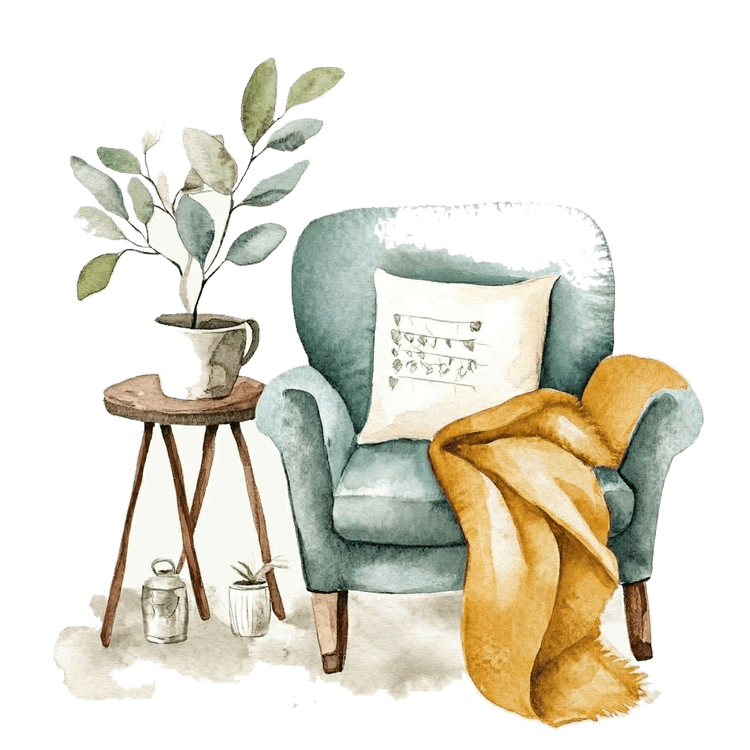 A watercolor illustration of a cozy armchair with a blanket and a plant.