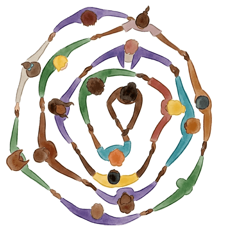 An overhead illustration of people holding hands in a circle.